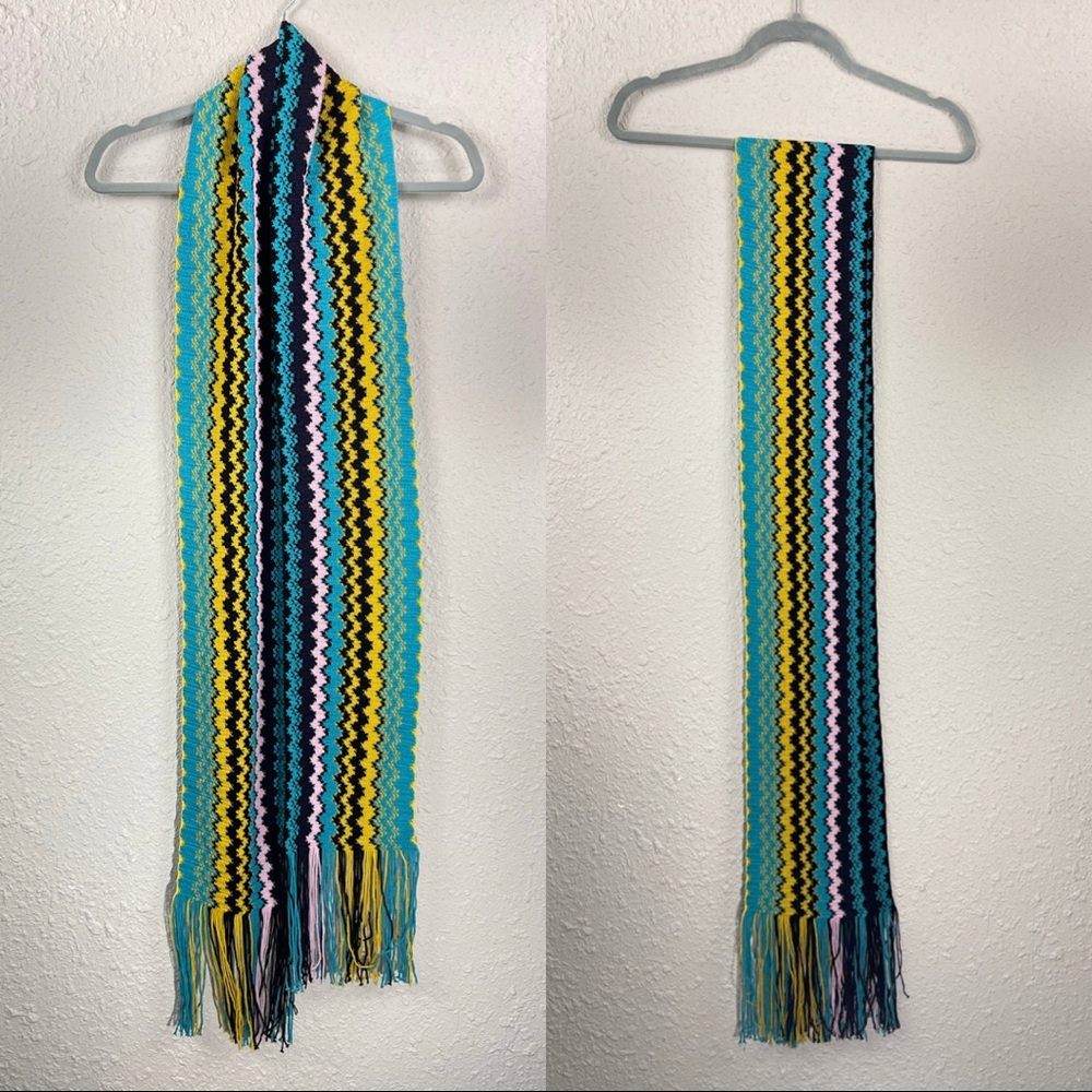 Turquoise Yellow Black Pink Missoni Wool Blend Knit Scarf With Fringe